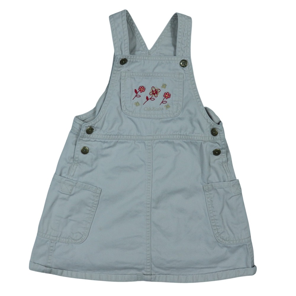 VTG OshKosh B'gosh‎ Jumper Dress Tan Kids 5T Embroidered Floral Twill Overall